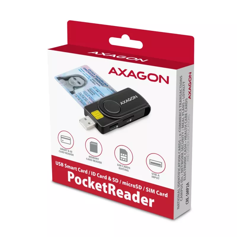 Leitor de cartões smartcard e SD/microSD/SIM PocketReader Axagon CRE-SMP2A USB para interior USB Type-A/USB Type-C preto