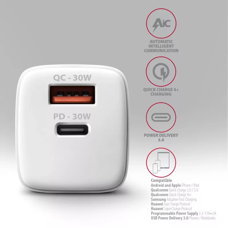 Carregador Axagon ACU-PQ30W QC3.0 30W USB-C branco