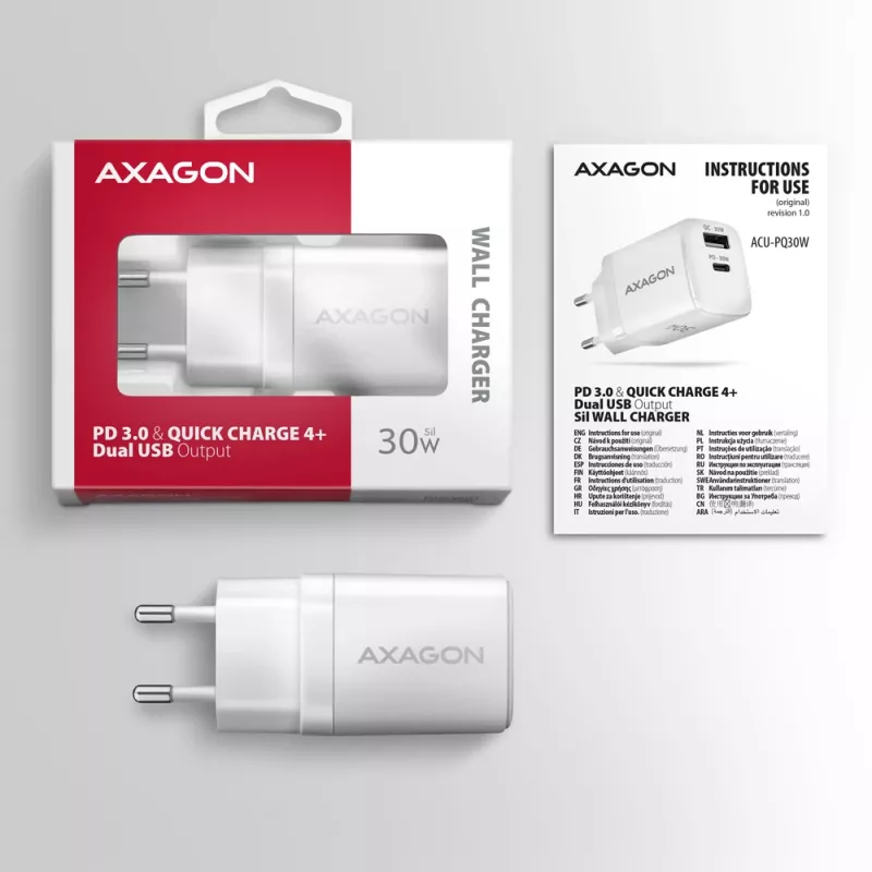 Carregador Axagon ACU-PQ30W QC3.0 30W USB-C branco
