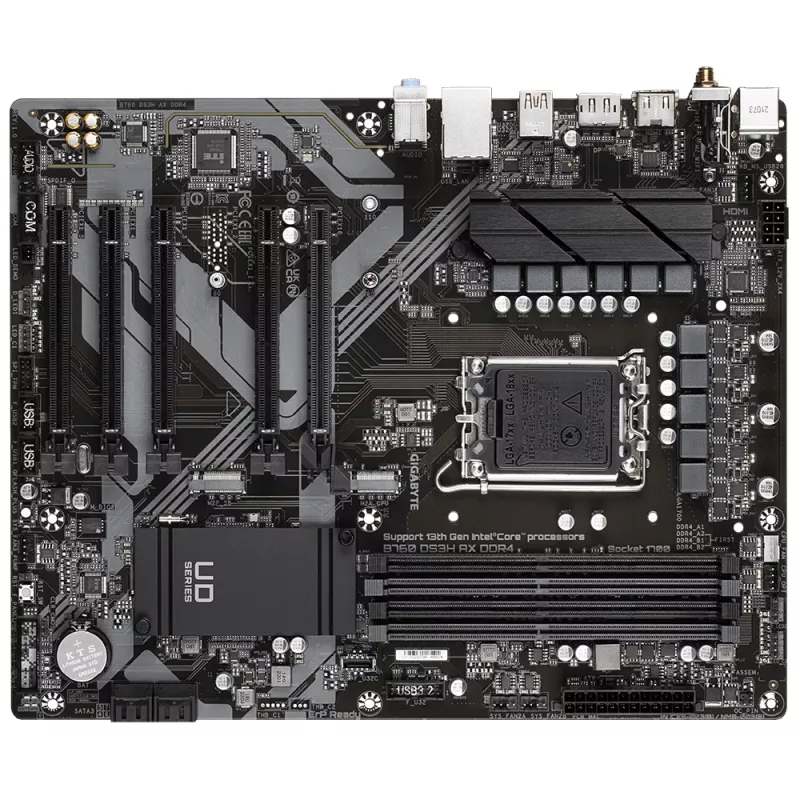 Placa-mãe GIGABYTE B760 DS3H AX DDR4 - Suporta CPUs Intel Core 14, VRM digital 8+2+1 fases, até 5333MHz DDR4 (OC), 2xPCIe 4.0 M.2, Wi-Fi 6E, GbE LAN, USB 3.2 Gen 2