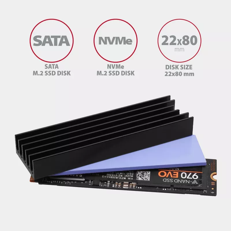 Dissipador passivo de alumínio Axagon CLR-M2L10 para todos os SSD M.2, tamanho 2280, 10 mm de altura.