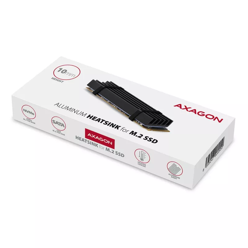 Dissipador passivo de alumínio Axagon CLR-M2L10 para todos os SSD M.2, tamanho 2280, 10 mm de altura.