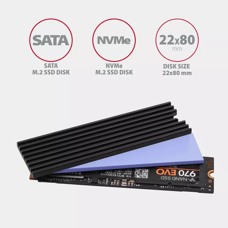 Dissipador passivo de alumínio Axagon CLR-M2L3 para todos os SSD M.2, tamanho 2280, altura 3 mm