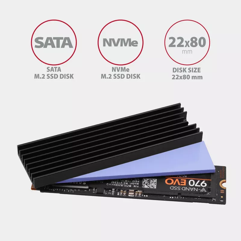 Dissipador passivo de alumínio Axagon CLR-M2L6 para todos os SSD M.2, tamanho 2280, altura 6 mm