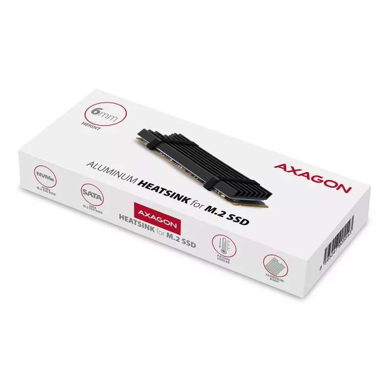 Dissipador passivo de alumínio Axagon CLR-M2L6 para todos os SSD M.2, tamanho 2280, altura 6 mm