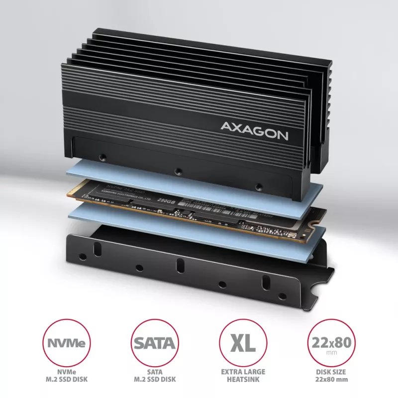 Dissipador passivo de alumínio Axagon CLR-M2XL para unidades SSD M.2 de um e dois lados, tamanho 2280, altura 36 mm