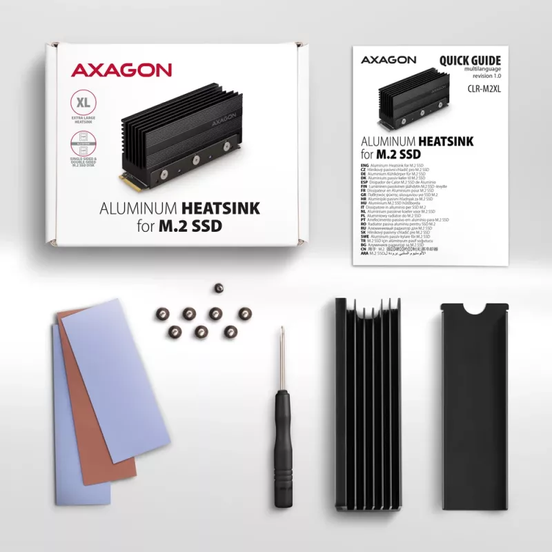 Dissipador passivo de alumínio Axagon CLR-M2XL para unidades SSD M.2 de um e dois lados, tamanho 2280, altura 36 mm