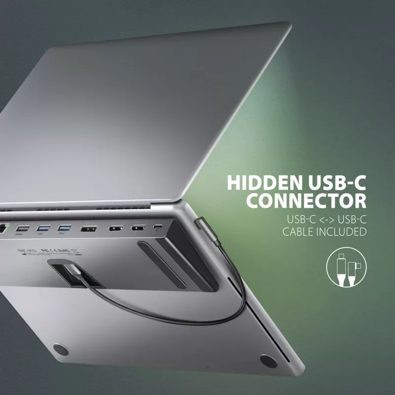 Docking station Axagon HMC-4KX3 Hub USB-C 5Gbps, 3x USB-A, 2x HDMI, DP, RJ-45, SD/microSD, Áudio, PD 100W, Cabo 40cm