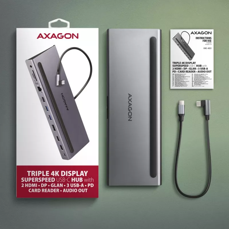 Docking station Axagon HMC-4KX3 Hub USB-C 5Gbps, 3x USB-A, 2x HDMI, DP, RJ-45, SD/microSD, Áudio, PD 100W, Cabo 40cm