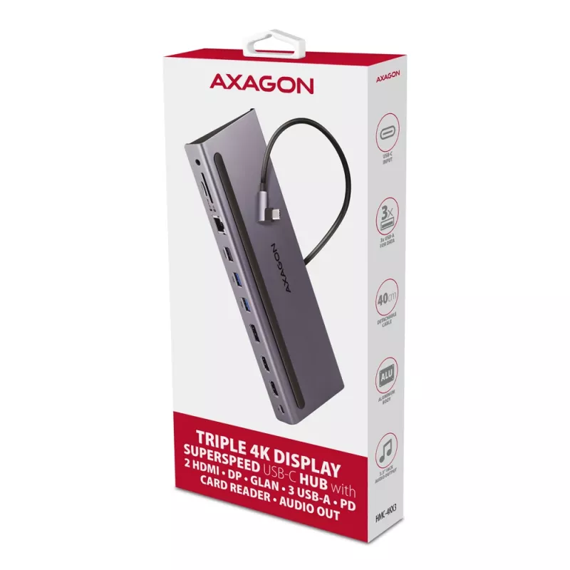 Docking station Axagon HMC-4KX3 Hub USB-C 5Gbps, 3x USB-A, 2x HDMI, DP, RJ-45, SD/microSD, Áudio, PD 100W, Cabo 40cm