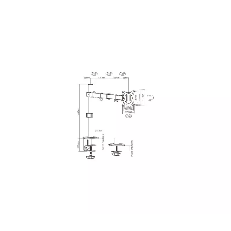 Suporte de monitor com grampo GEMBIRD MA-D1-01 para ecrãs 17–32 polegadas, VESA 75×75–100×100, até 9 kg, preto