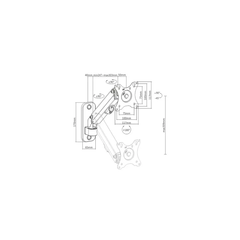 Suporte de parede para monitor Gembird MA-WA1-01 para ecrãs 17–27 polegadas, VESA 75x75 / 100x100, carga máx. 7 kg, preto