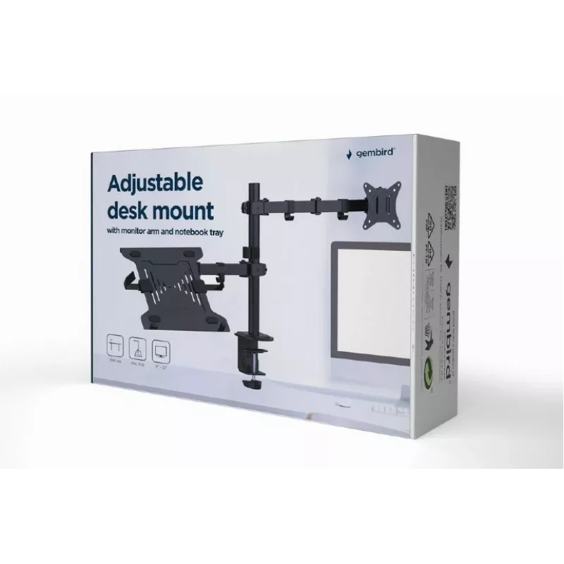 Suporte de monitor Gembird MA-DA-03 para ecrãs de 32 polegadas, grampo de mesa/passagem, braço duplo, VESA 75x75–100x100, preto