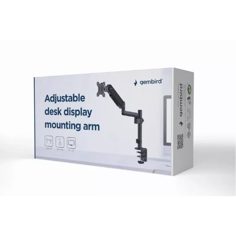 Suporte de monitor GEMBIRD MA-DA1P-01 — suporte de mesa de 1 braço para ecrãs 17–32 polegadas, VESA 75x75–100x100, carga máx. 9 kg, preto