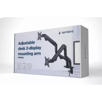 Suporte de monitor GEMBIRD MA-DA2-02 Preto, braço duplo para 2 ecrãs até 32 polegadas, VESA 75x75–100x100, montagem por grampo ou passagem, carga máx. 16 kg
