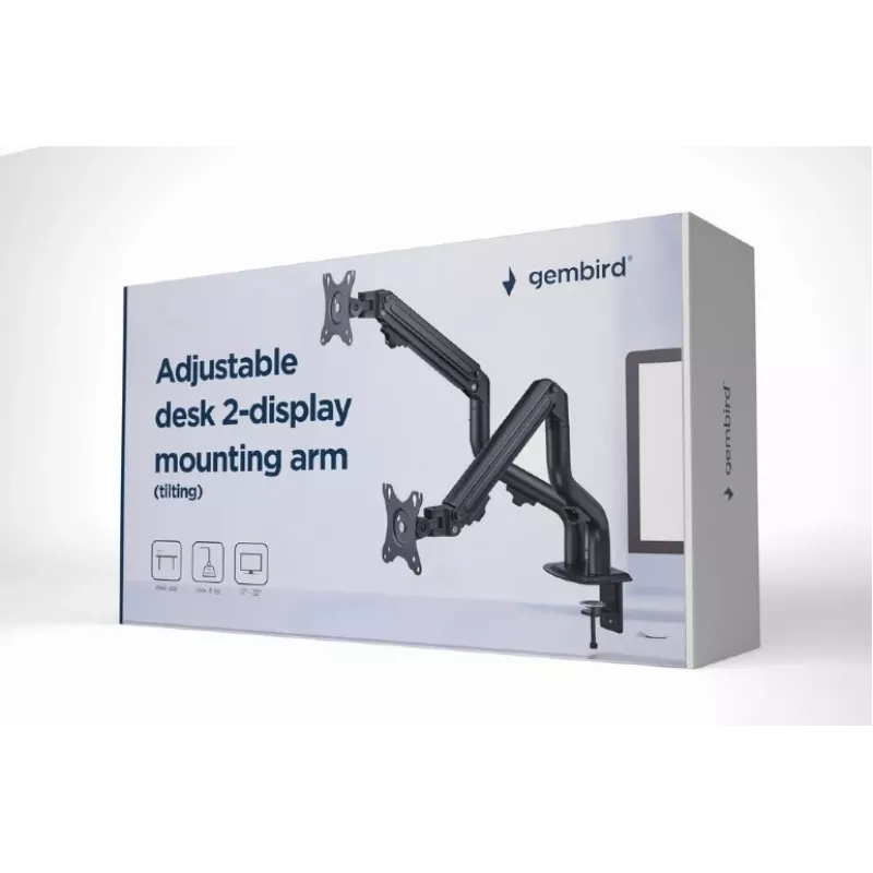 Suporte de monitor GEMBIRD MA-DA2-02 Preto, braço duplo para 2 ecrãs até 32 polegadas, VESA 75x75–100x100, montagem por grampo ou passagem, carga máx. 16 kg