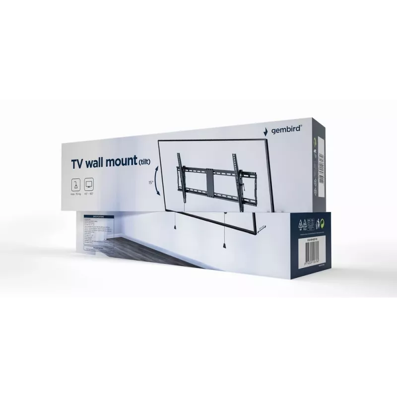 Suporte de parede para TV Gembird WM-90T-01 para ecrãs de 43–90 polegadas, VESA 200x200–800x400, inclinação -12°–3°, 70 kg de capacidade de carga, preto