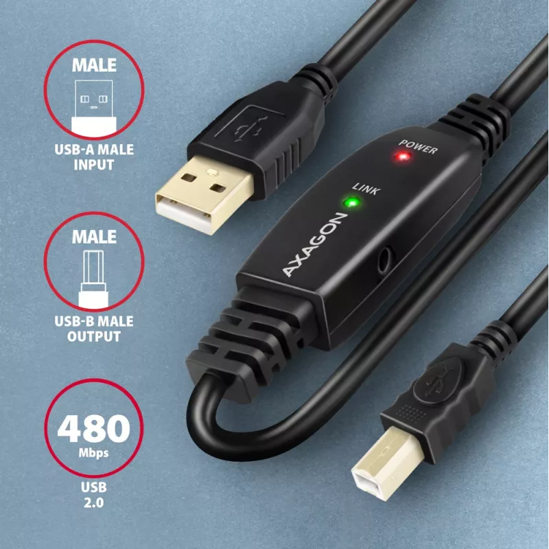 Axagon ADR-220B Cabo ativo de ligação/repetidor USB 2.0 A-M -> B-M 20 m