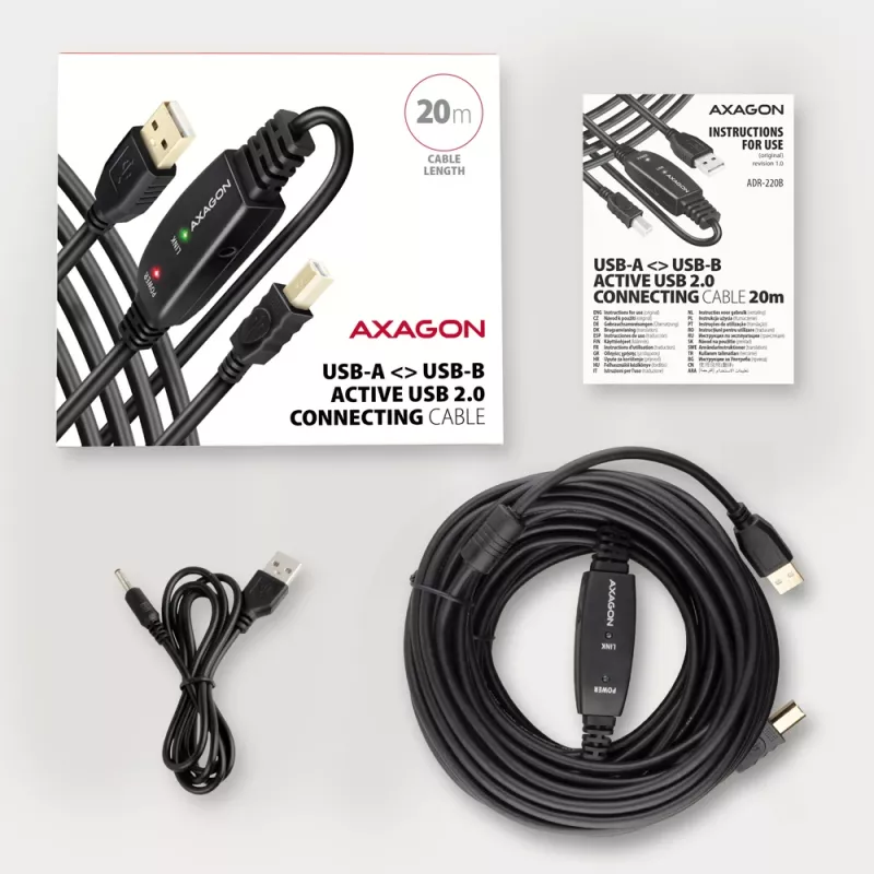 Axagon ADR-220B Cabo ativo de ligação/repetidor USB 2.0 A-M -> B-M 20 m