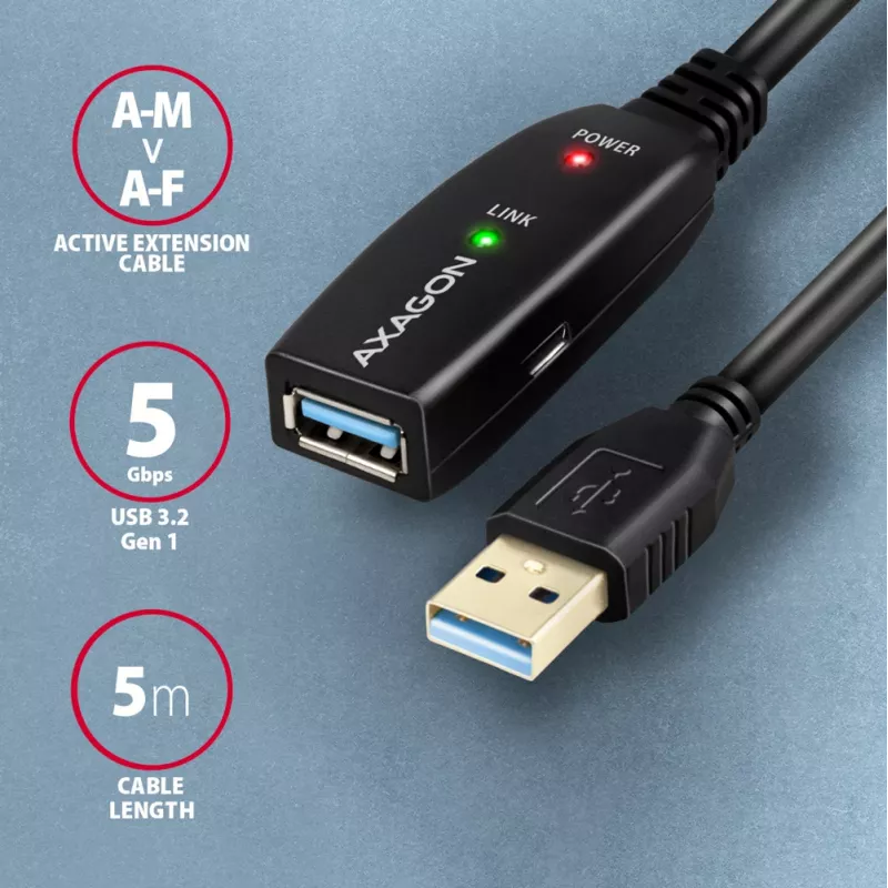 Axagon ADR-305 Cabo ativo de extensão/repetidor USB 3.2 Gen 1 A-M -> A-F 5 m