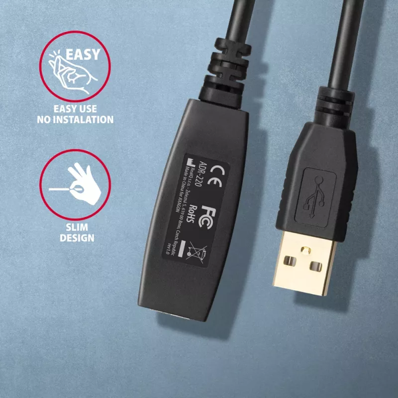 Axagon ADR-220 Cabo ativo de extensão/repetidor USB 2.0 A-M -> A-F 20 m
