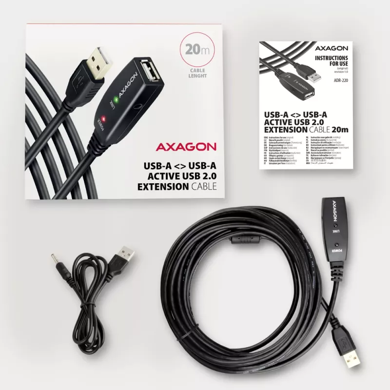 Axagon ADR-220 Cabo ativo de extensão/repetidor USB 2.0 A-M -> A-F 20 m