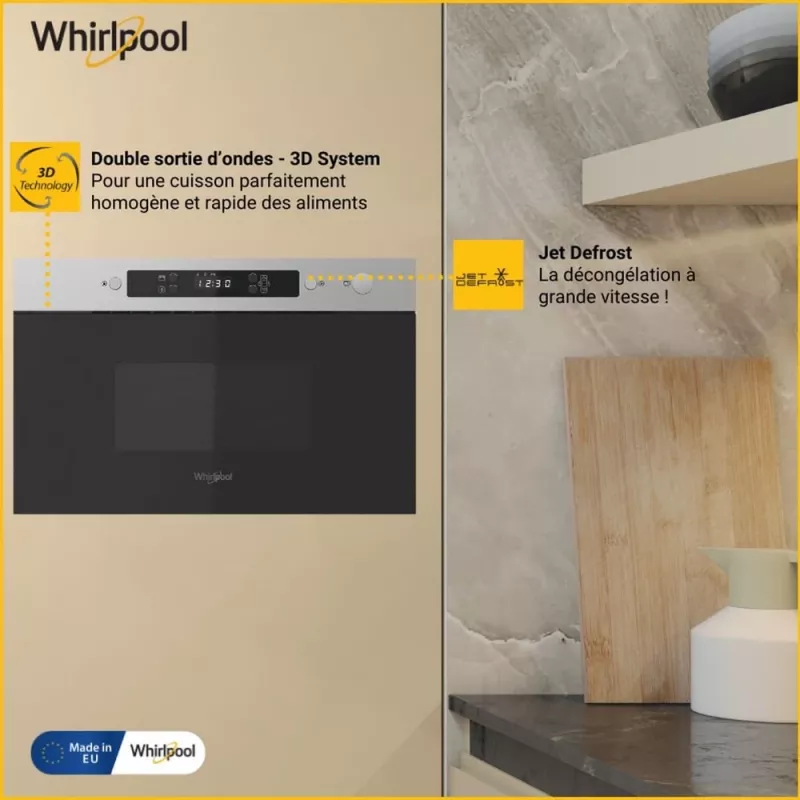Micro-ondas encastrável WHIRLPOOL MBNA900X — 750 W, 22 L, aço inoxidável, controlo por botões, sem grelhador