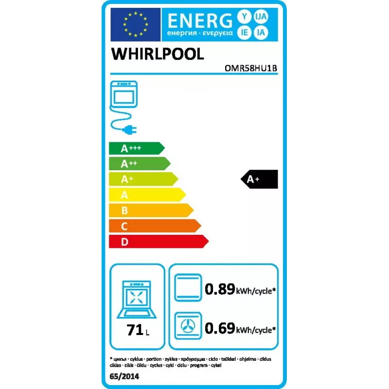 Forno elétrico encastrável WHIRLPOOL OMR58HU1B — 71 L, A+, autolimpeza hidrolítica, convecção, grelhador, extração telescópica