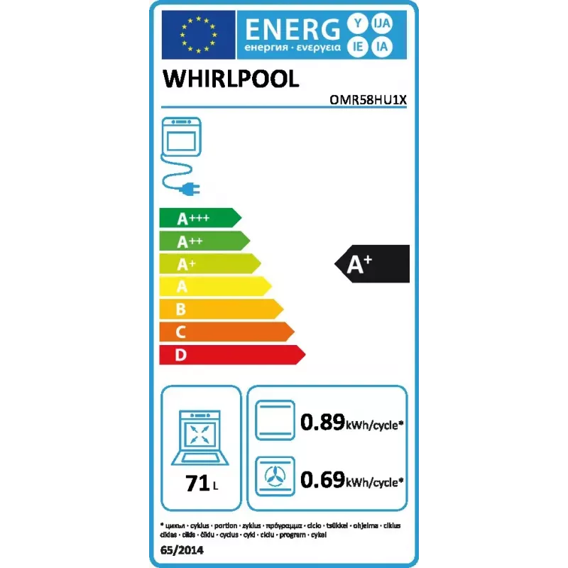Whirlpool OMR58HU1X forno elétrico de encastrar, 71 L, ar quente, SmartClean, classe energética A+, aço inoxidável