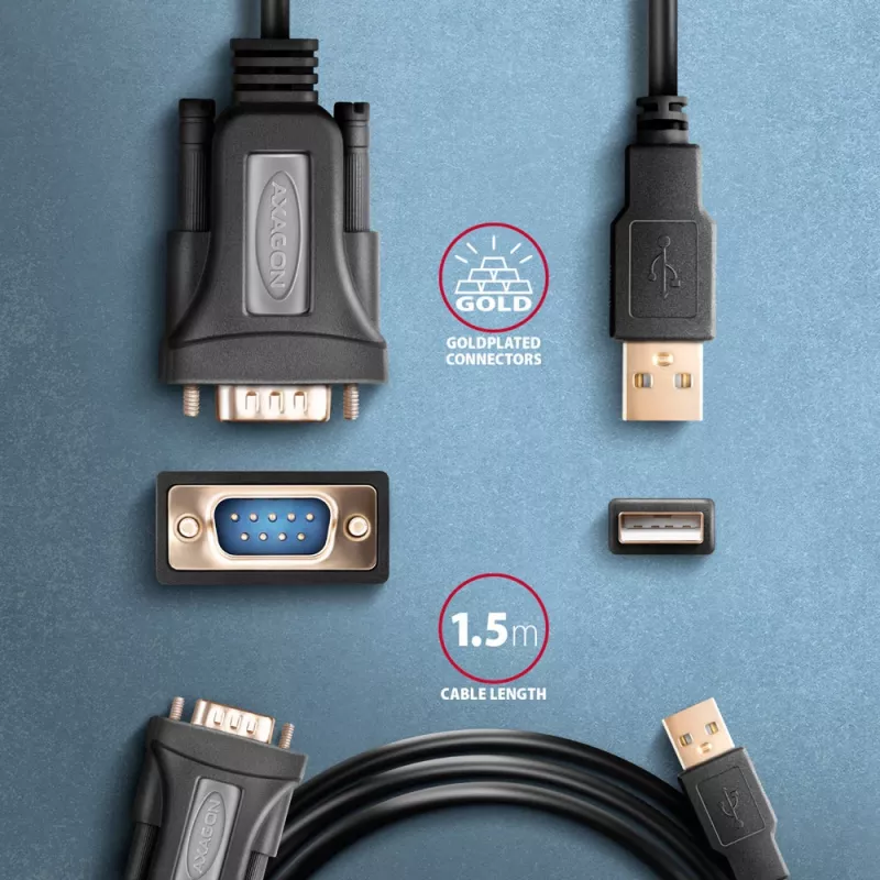 Cabo adaptador Axagon ADS-1PQN USB-A 2.0 - série RS-232 DB9-M FTDI