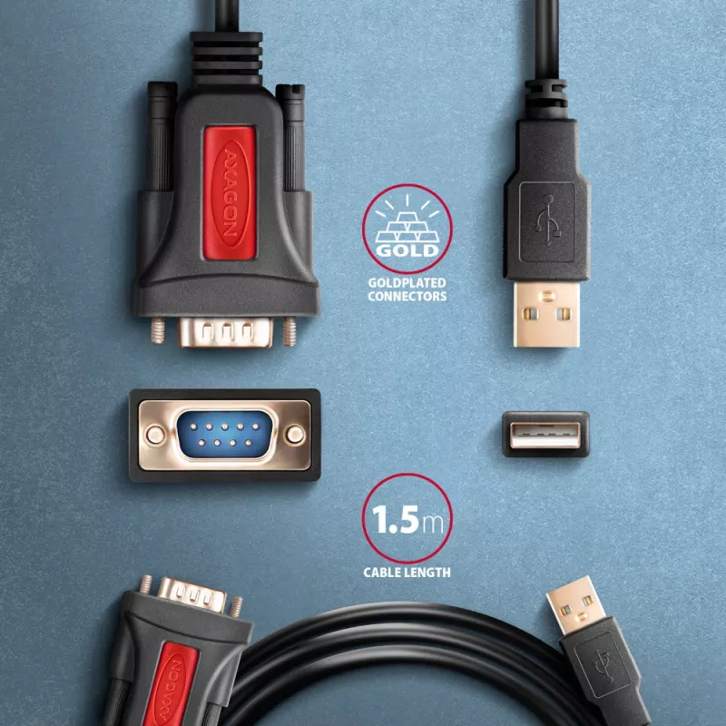 Cabo adaptador Axagon ADS-1PSN USB-A 2.0 - série RS-232 DB9-M Prolific 1,5 m