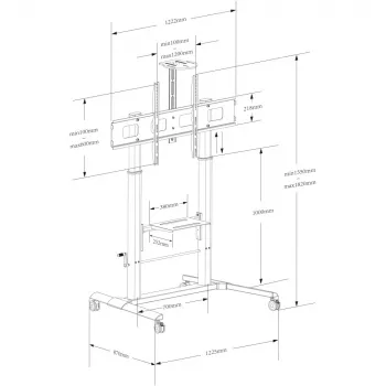 Carrinho multimédia TECHLY ICA-TR230 Preto para ecrã plano até 110 polegadas, VESA 900x600, altura 1850 mm, carga 120 kg