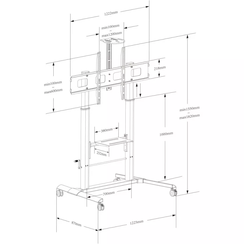 Techly ICA-TR230 carrinho móvel para TV de 52-110 polegadas, altura ajustável 1550-1820 mm, VESA até 1200x600, 120 kg, 2 prateleiras, preto