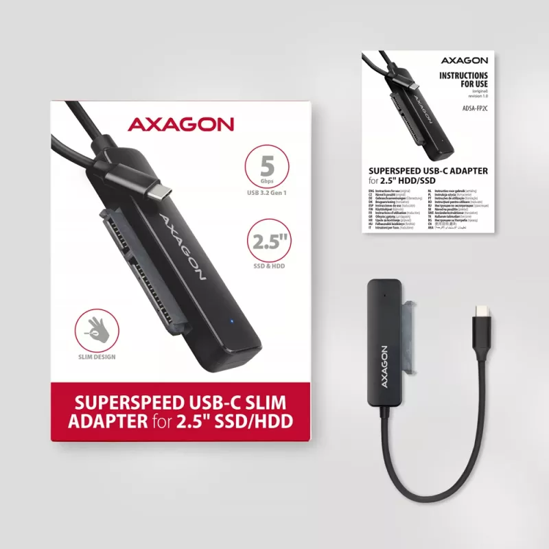 Axagon ADSA-FP2C USB-C 5Gbps - SATA 6G, 2.5 SSD/HDD SLIM Adaptador - Adaptador - Placas/Adaptadores de interface digital/dados
