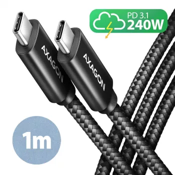 Cabo de dados e carregamento Axagon BUCM2-CM10AB USB 480Mbps 1 m, PD 240W, 5A, preto entrançado