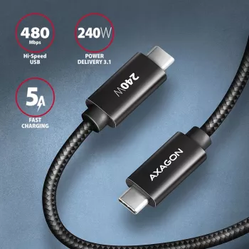 Cabo de dados e carregamento Axagon BUCM2-CM20AB USB 480 Mbit/s 2 m, PD 240 W, 5 A, preto entrançado
