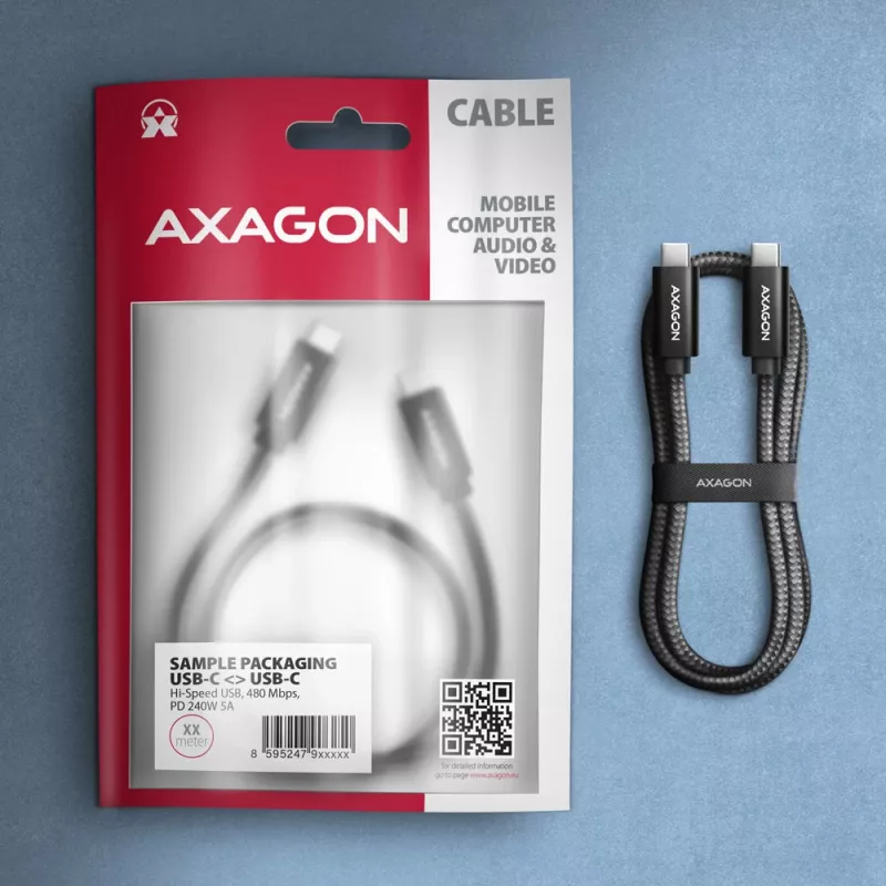 Cabo de dados e carregamento Axagon BUCM2-CM20AB USB 480 Mbit/s 2 m, PD 240 W, 5 A, preto entrançado