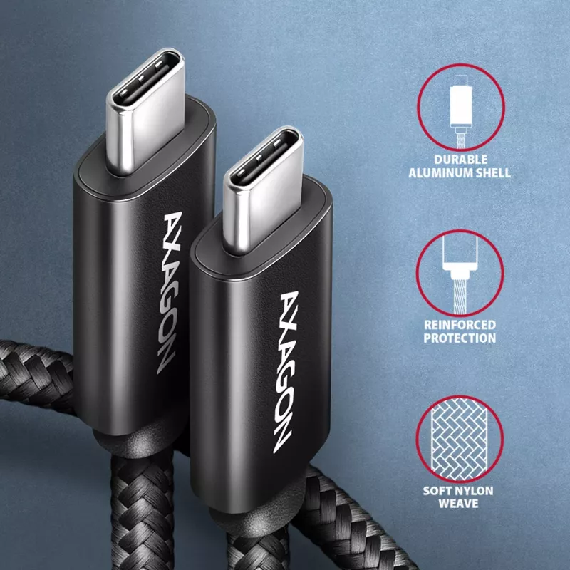 Cabo de dados e carregamento Axagon BUCM2-CM25AB USB 480Mbps 2,5 m. PD 240W, 5A. Preto entrançado