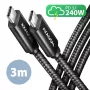 Cabo de dados e carregamento Axagon BUCM2-CM30AB USB 480Mbps 3 m. PD 240W, 5A. Preto entrançado