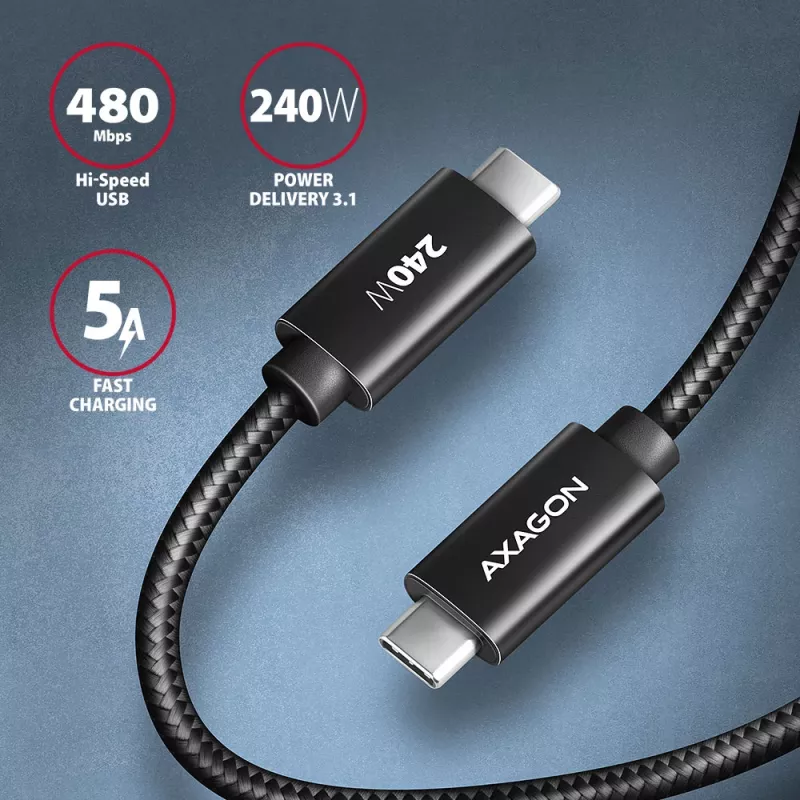Cabo de dados e carregamento Axagon BUCM2-CM30AB USB 480Mbps 3 m. PD 240W, 5A. Preto entrançado