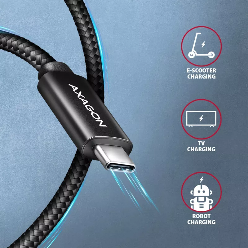 Cabo de dados e carregamento Axagon BUCM2-CM30AB USB 480Mbps 3 m. PD 240W, 5A. Preto entrançado