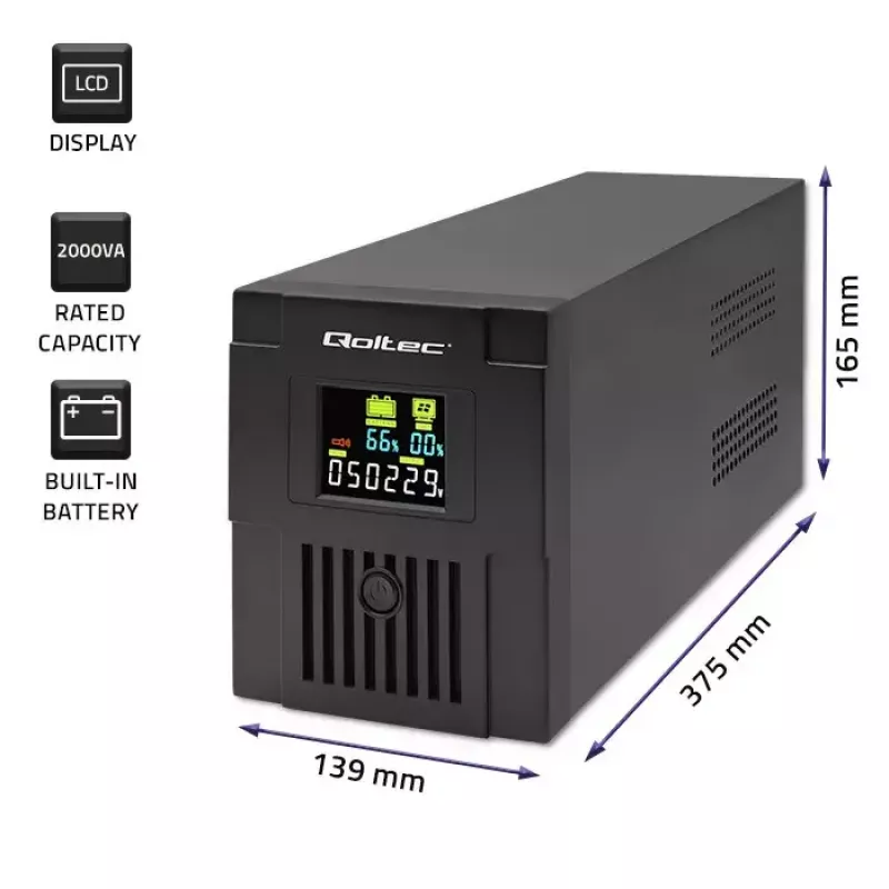 Fonte de alimentação ininterrupta Qoltec 53771 2 kVA 1200 W 2 saídas AC