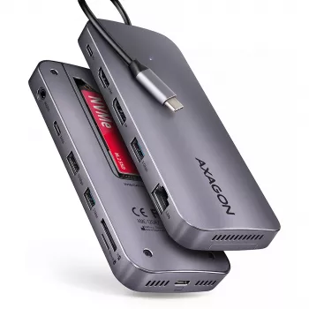 Axagon HMC-12GM2, Hub USB 10Gbps, 3x USB-A, USB-C, HDMI, DP, RJ-45, M.2, SD/mSD, Áudio, PD