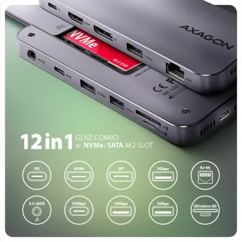 Axagon HMC-12GM2, Hub USB 10Gbps, 3x USB-A, USB-C, HDMI, DP, RJ-45, M.2, SD/mSD, Áudio, PD