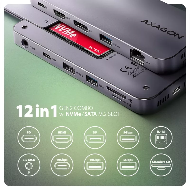 Axagon HMC-12GM2, Hub USB 10Gbps, 3x USB-A, USB-C, HDMI, DP, RJ-45, M.2, SD/mSD, Áudio, PD