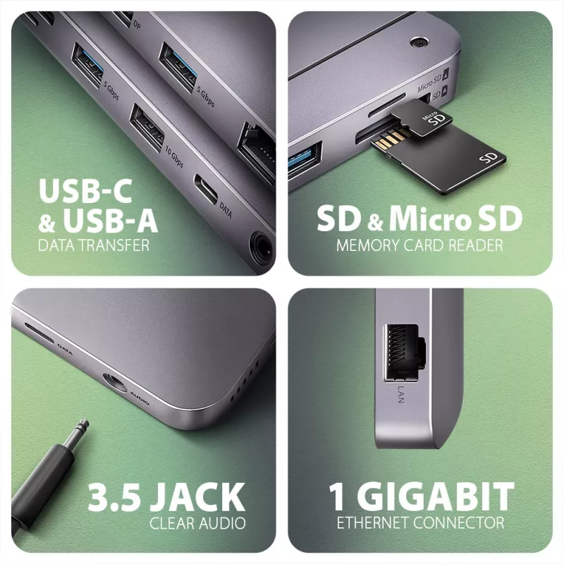 Axagon HMC-12GM2, Hub USB 10Gbps, 3x USB-A, USB-C, HDMI, DP, RJ-45, M.2, SD/mSD, Áudio, PD