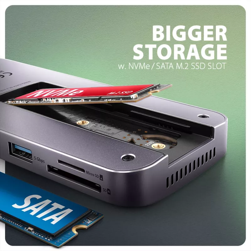 Axagon HMC-12GM2, Hub USB 10Gbps, 3x USB-A, USB-C, HDMI, DP, RJ-45, M.2, SD/mSD, Áudio, PD