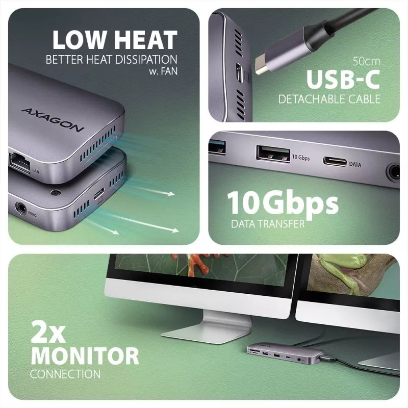 Axagon HMC-12GM2, Hub USB 10Gbps, 3x USB-A, USB-C, HDMI, DP, RJ-45, M.2, SD/mSD, Áudio, PD