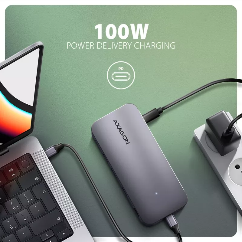 Axagon HMC-12GM2, Hub USB 10Gbps, 3x USB-A, USB-C, HDMI, DP, RJ-45, M.2, SD/mSD, Áudio, PD