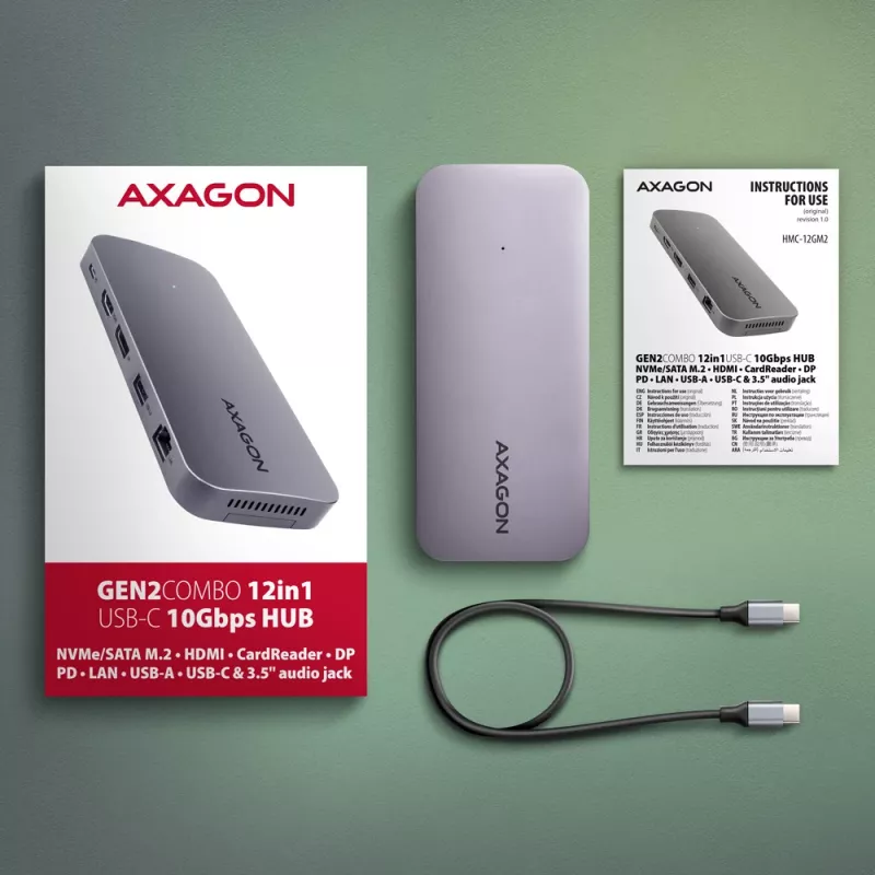 Axagon HMC-12GM2, Hub USB 10Gbps, 3x USB-A, USB-C, HDMI, DP, RJ-45, M.2, SD/mSD, Áudio, PD